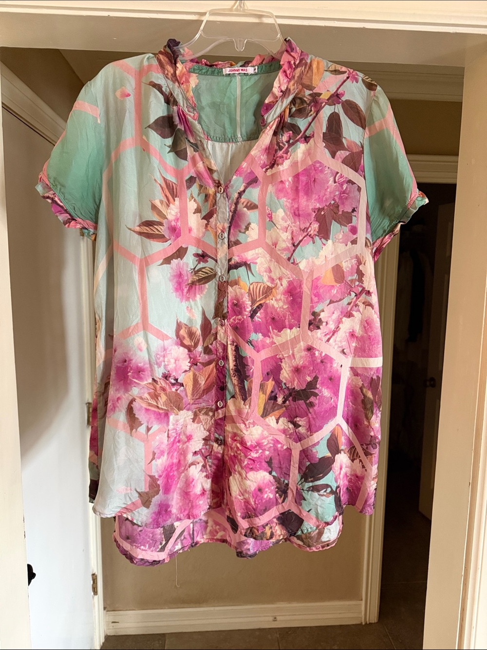Johnny Was Pink & Mint Floral Short Sleeve Blouse